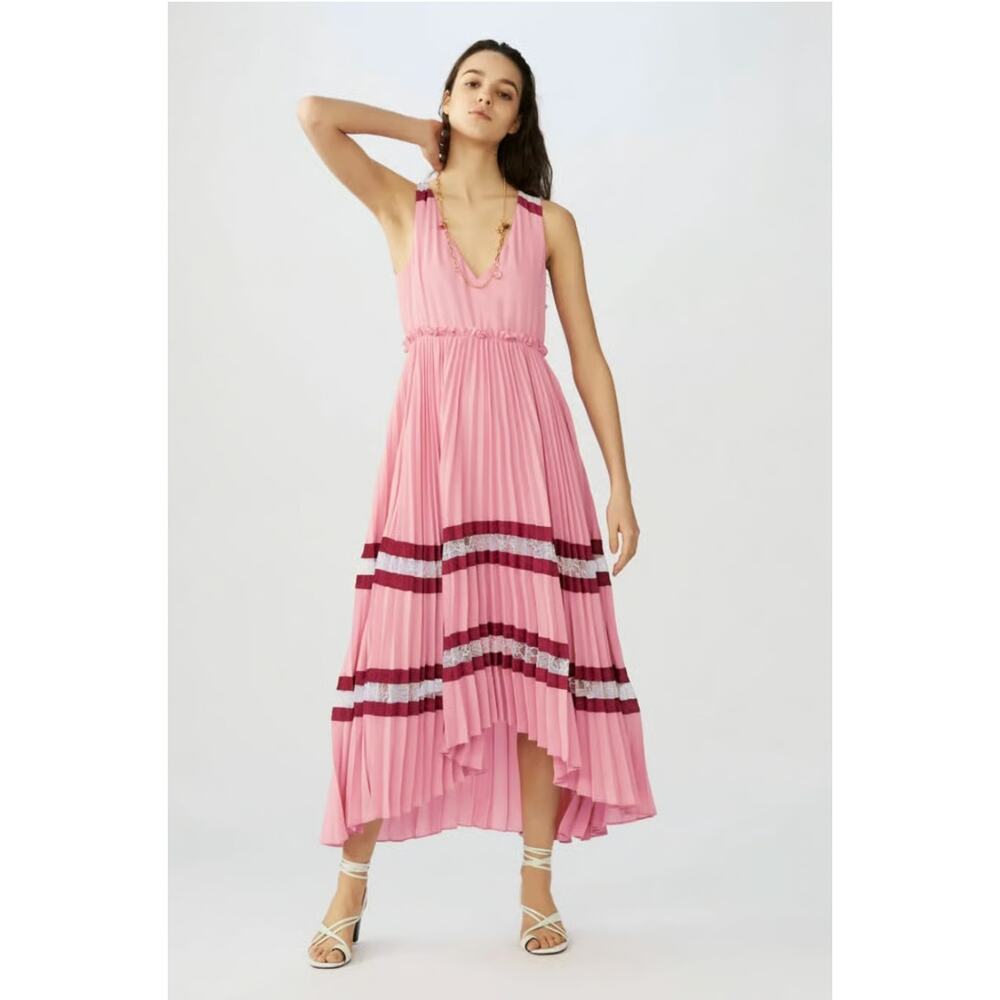 Maje Pink Pleated Midi Dress with Contrast Lace Stripes – Size XS